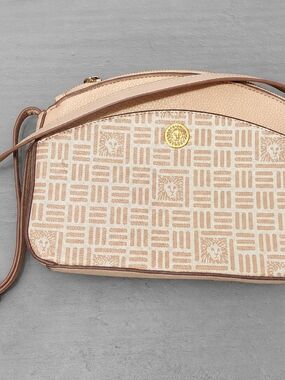 Anne Klein Beige Monogram Crossbody Shoulder Bag Gold Hardware